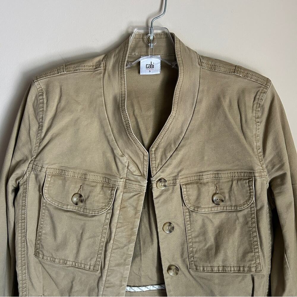 CAbi Camel Tan Button Down Peplum Stretch Fitted Military Jacket Coat Size Small - Picture 2 of 9